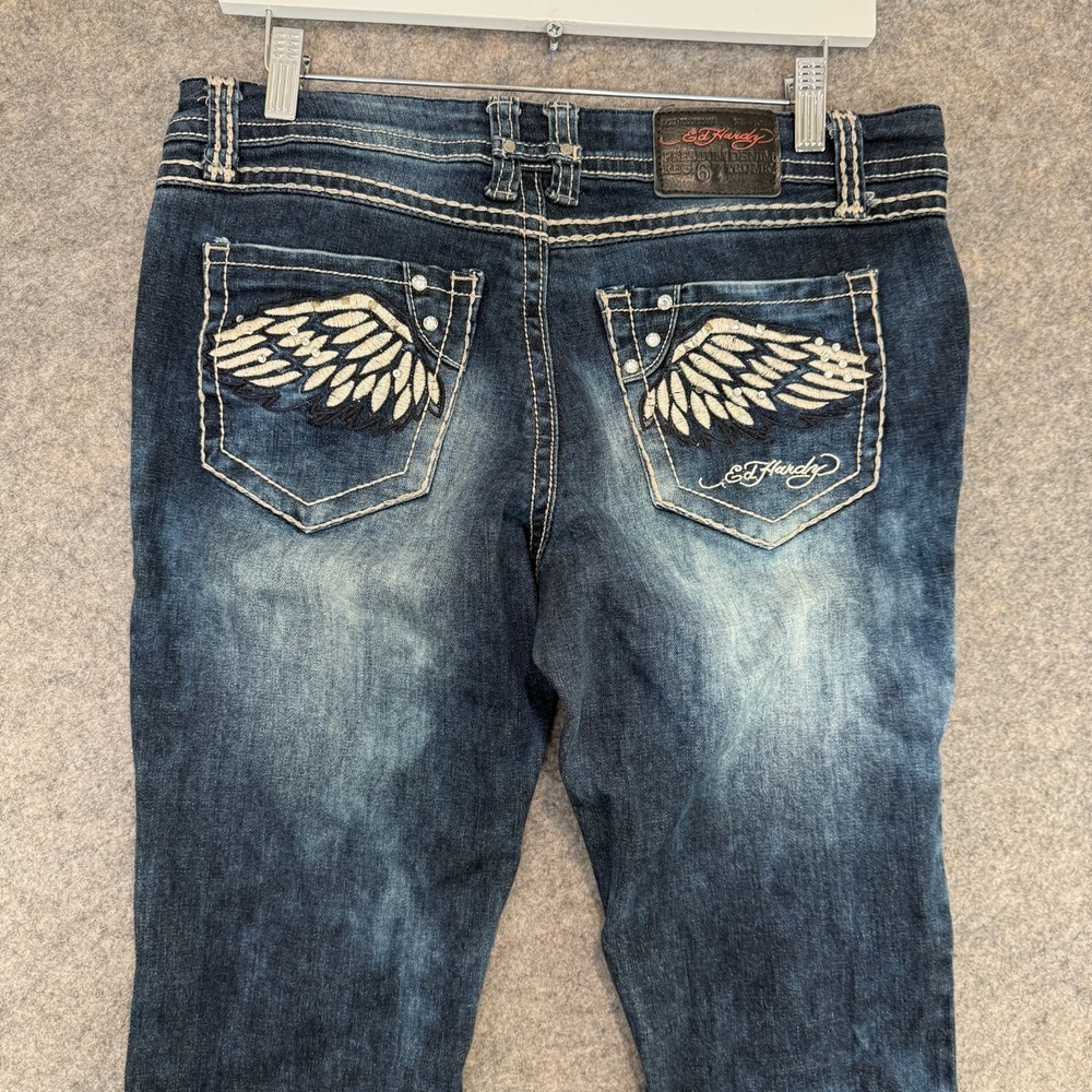 VTG Ed Hardy Jeans Womens 11 12 Embroidered‎ Wings Straight Blue Denim Low Rise
